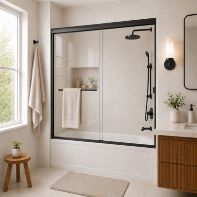 Breeze 60 in. W x 56 in. H Sliding Semi Frameless Tub Door in Matte Black Finish with Clear Glass