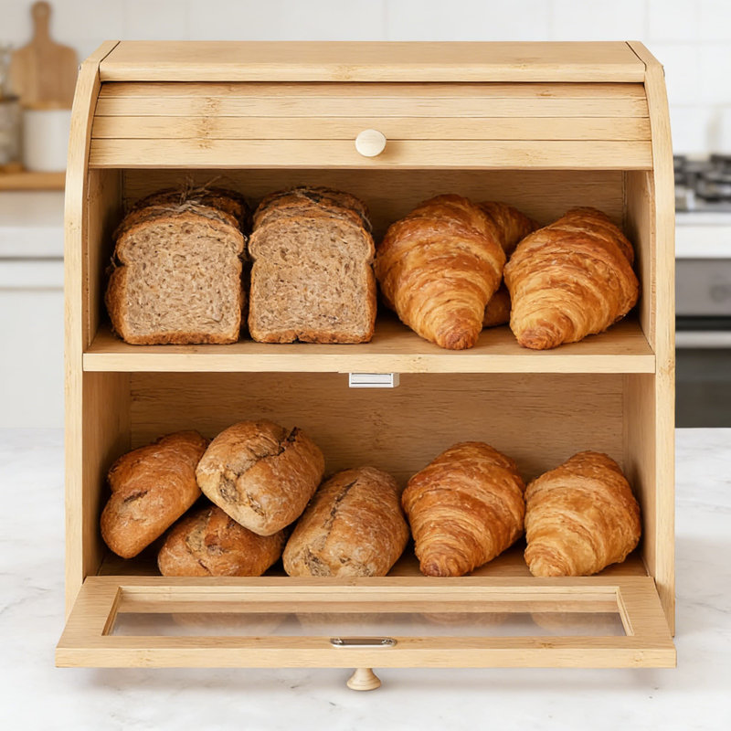 Boîte à pain en bambou avec porte à enroulement en acrylique, contenant de grande capacité à 2 niveaux pour le comptoir de la cuisine, garde le pain frais grâce à la ventilation