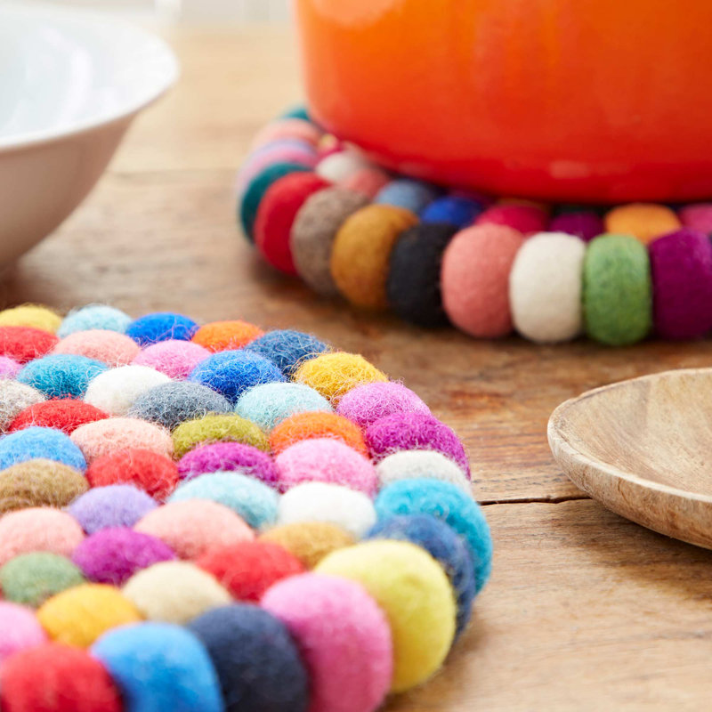 Handmade Felt Ball Trivet , Blue/Pink/Yellow