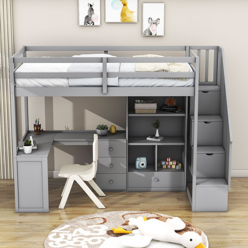 Lit mezzanine en bois 4 tiroirs avec bureau et tablettes Gulfasha Kids, gris