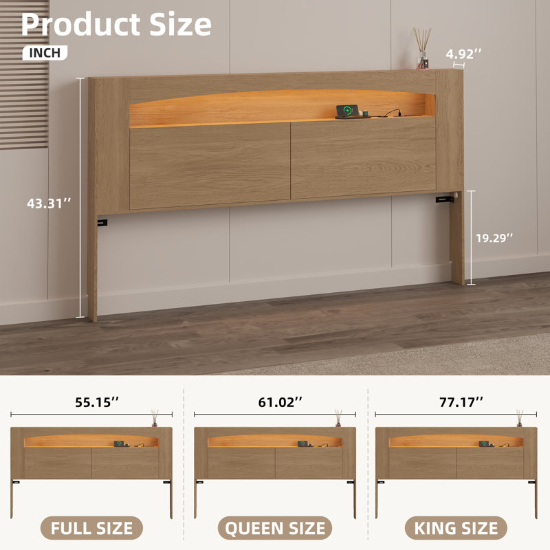 Queen Size Wooden Storage Headboard - RGB LED Lights with Remote Control, Charging Station, Open Shelves & Hidden Storage, Modern Bedroom Ambiance (Oak)