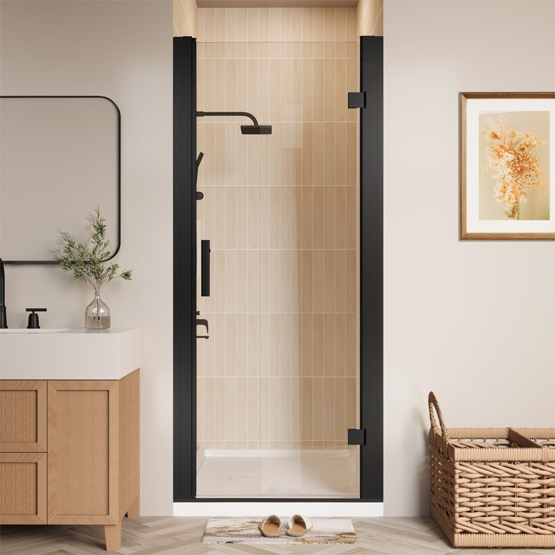 Porte de douche à charnière pivotante sans cadre avec verre transparent de 30 à 32 po x H 72 po, Noir mat