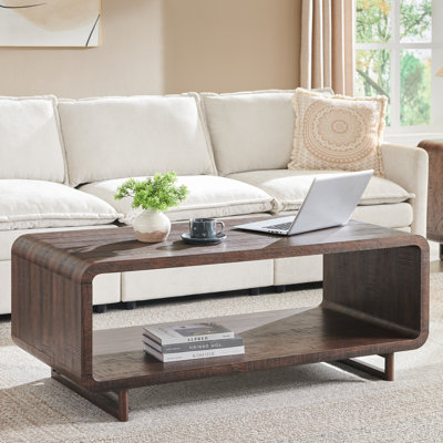  Abrianna 48" Wide Coffee Table with Storage Shelf, 2-Tier Minimalist Center Table with Curved Profile Design, Thick Wooden Rectangular Living Room Table, Brown