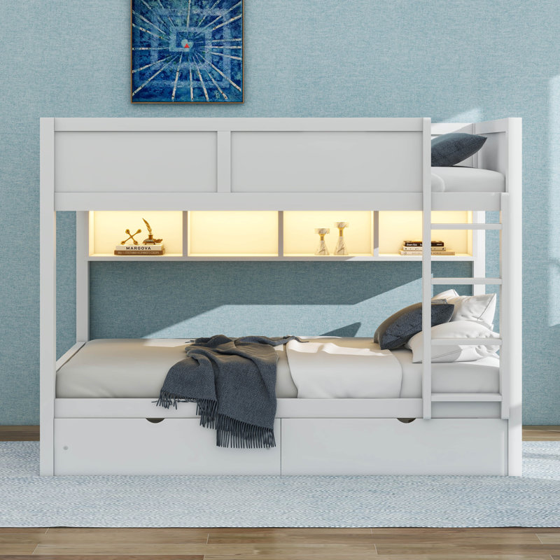 Full XL Over Full XL Bunk Bed With Storage Cabinets, LED Light And 2 Drawers, White
