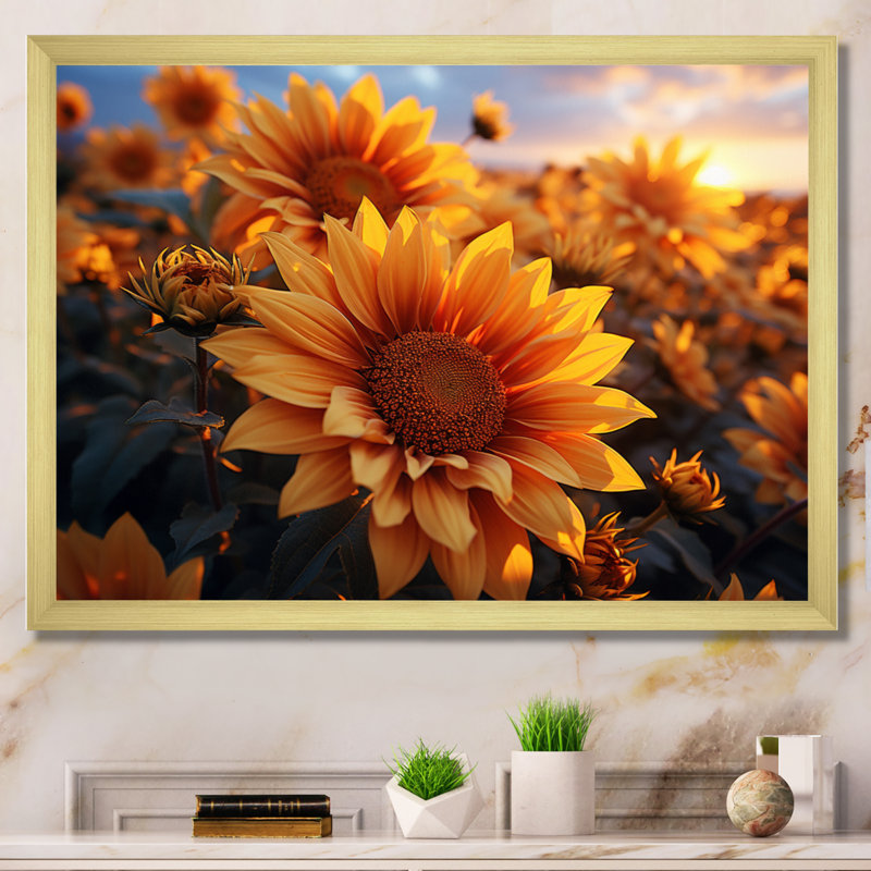 Décoration murale jaune tournesols champ jaune - tournesols, H 12 po x l 20 po x P 1 po, Encadrement doré