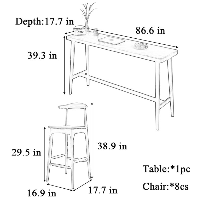 Tables et chaises de bar simples et modernes en bois massif, H 39,3 po x L 86,6 po x l 17,7 po, 9 pièces : table, 8 chaises