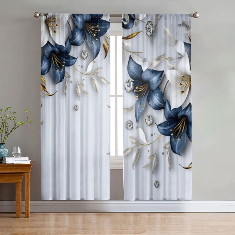 2Pcs Vintage Floral Curtains, Elegant Lily & Leaf Design  Light Filtering Window Drapes for Living, Bedroom, Kitchen, Rod Pocket Decor, Light Filtering Home Decor