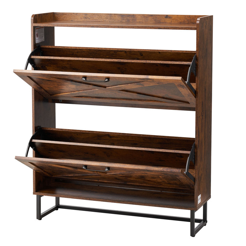Shoe Cabinet with 2 Flip Drawers, Farmhouse Shoes Storage Cabinet with Metal Legs and Anti-Tipping Device, Freestanding Shoe Organizer Ideal for Entryway, Hallway, Bedroom, Living Room, Brown