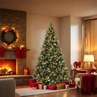 Pre-lit Frosted Green Artificial Christmas Tree with Pine Cones, Berries, and Metal Stand