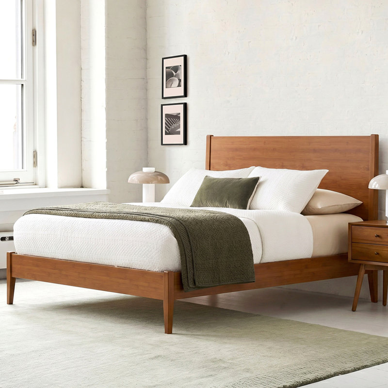 Mid-Century Modern Solid Bamboo Wood Queen Size Sled  Platform Bed Frame with Wood Slats and Metal Support,No Box Spring Needed,Easy Assembly