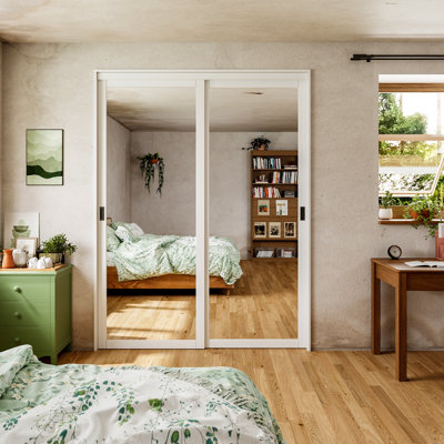 96"H Primed Mirrored Closet Sliding Doors With Hardware Kit & Handles