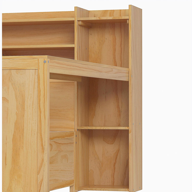 Canapé-lit en bois avec tablette de rangement, lit multifonctionnel avec deux tiroirs de rangement et un bureau, Naturel