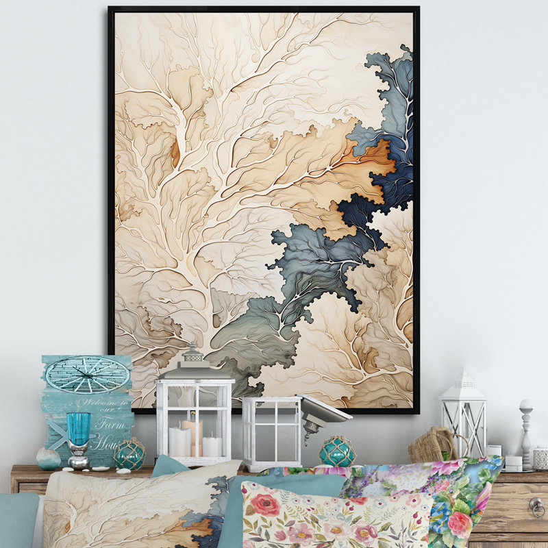 Arbre bleu et beige, tilleul américain - impressions d'art mural, Cadre photo blanc, H 32 po x l 24 po