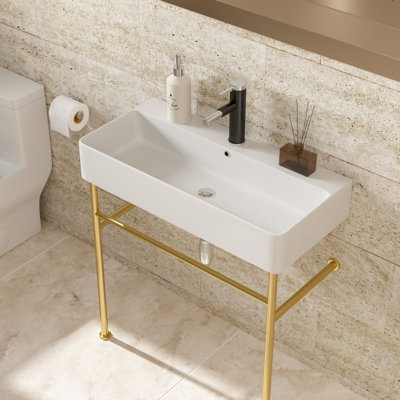 32" Console Sink With Overflow - White Porcelain Basin For Various Settings Ceramic & Robust Supporting Legs