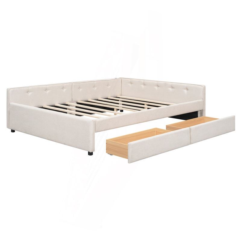 Grand lit plateforme tapissier avec port USB et 2 tiroirs, beige