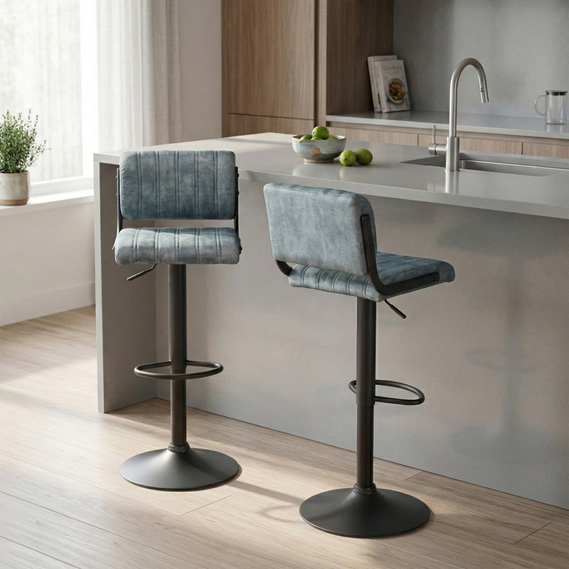 Swivel Upholstered Adjustable Height Counter Stool with Metal Frame, Blue