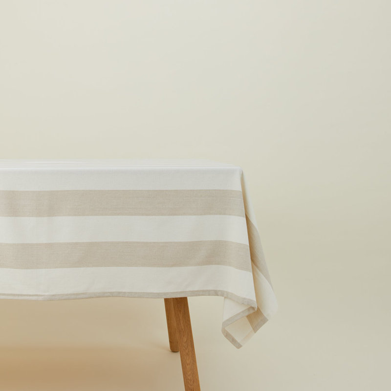 Ivory and Flax Striped Cotton Rectangular Tablecloth