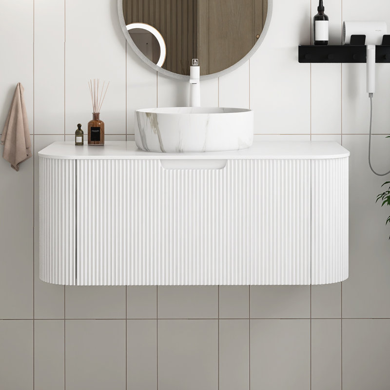 Meuble-lavabo mural avec plateau et tiroir, Blanc, Marbre, 36"