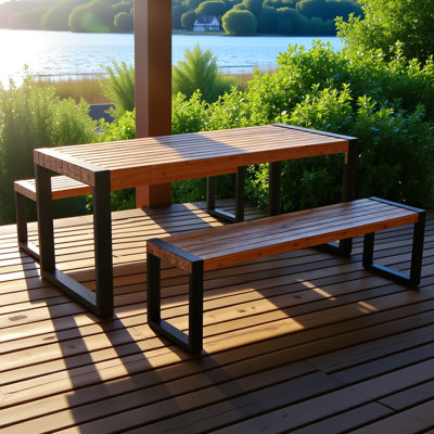 Ensemble de salle à manger d'extérieur 3 pièces avec table et 2 bancs, plateau en bois d'acacia et structure en acier, plateau texturé, résistant aux intempéries pour une utilisation intérieure et extérieure, naturel