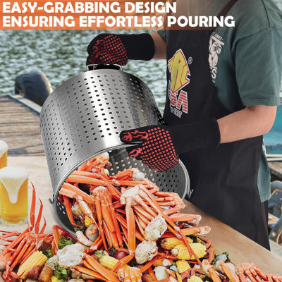 Bouilloire pour fruits de mer en acier inoxydable Arc 64 pte avec panier et grande cuillère 36 po, poignées amovibles, écrevisse, crabe, homard, marmite à crevettes avec passoire, marmite à dinde, bière de brasserie, 16gal