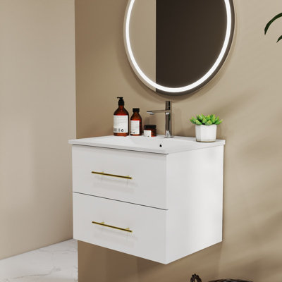 Meuble-lavabo mural avec lavabo et deux tiroirs de rangement, lavabo en céramique, design moderne