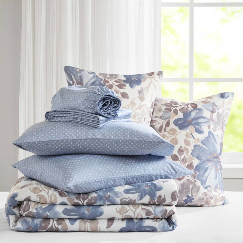 Édredon pour lit simple avec feuilles florales aquarelles bleues, draps doux au toucher pour lit simple, gracieux
