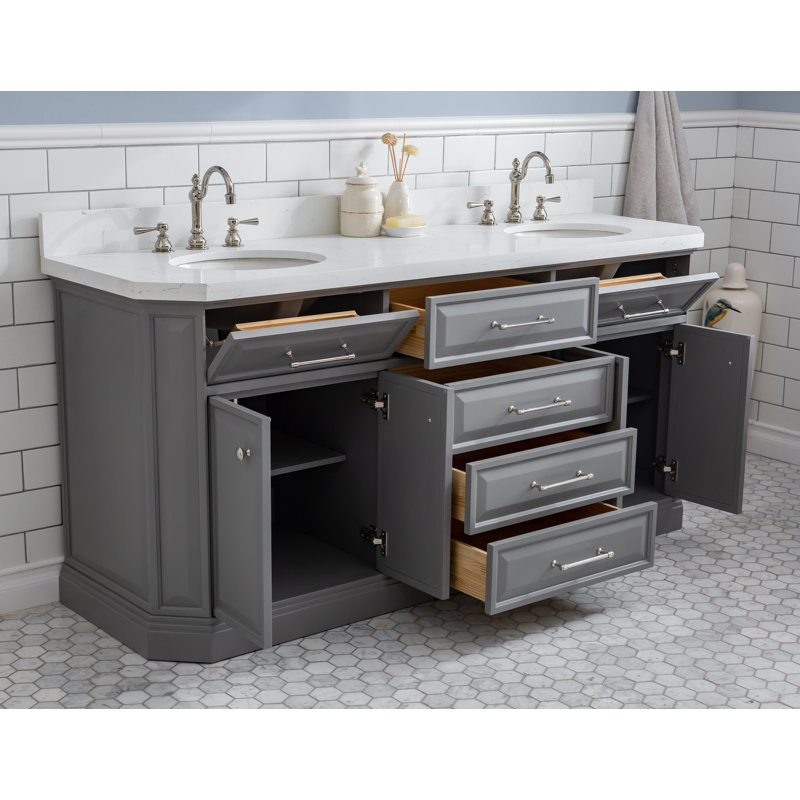 Meuble-lavabo de comptoir en quartz 72 po avec robinet Bruning de Bruning, Nickel poli, fixé sur le comptoir, Gris cachemire