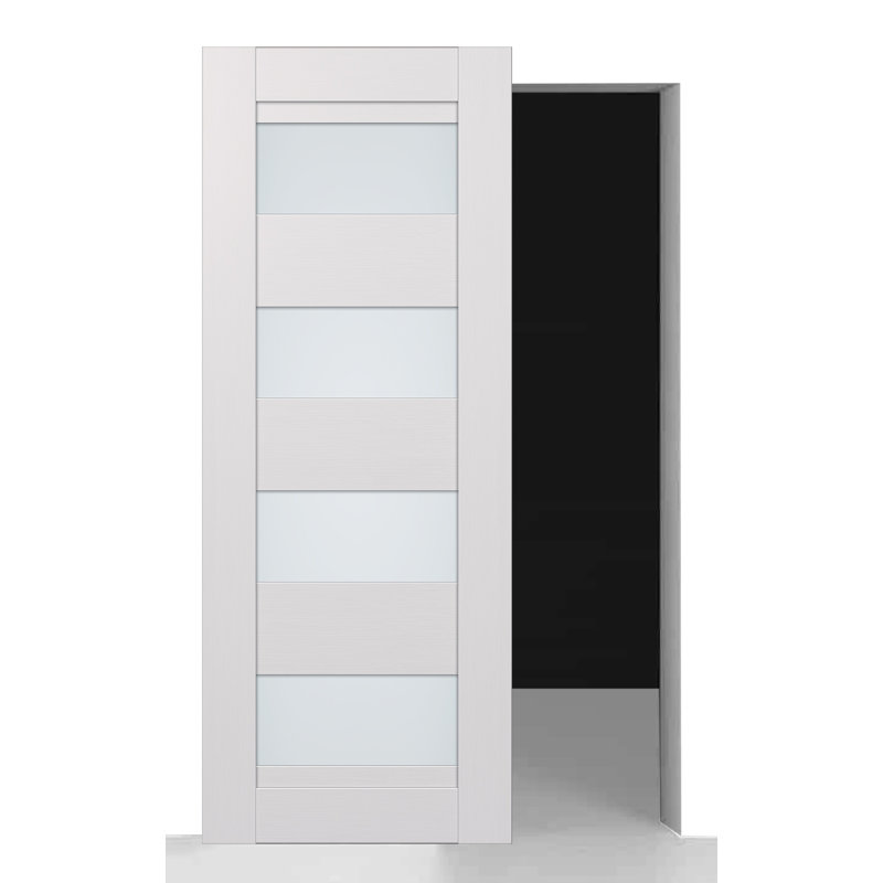 Porte de grange coulissante avec panneau de base en bois manufacturé et verre givré Della, 35,875 po x 95,24 po, Blanc noble