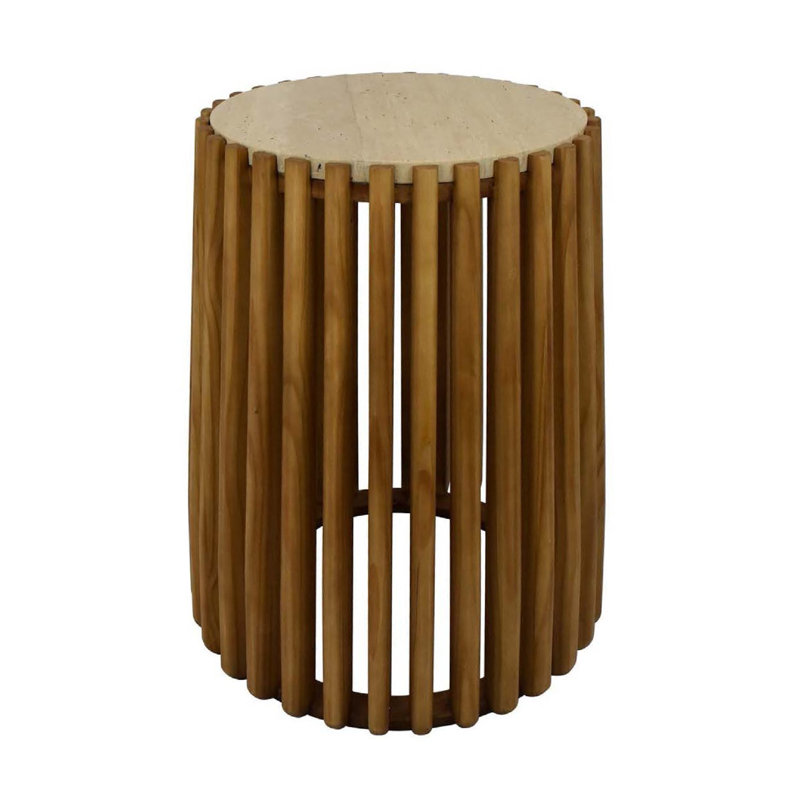Table de bout Gexy, plateau en marbre, base cylindrique à lattes, brun, H 22 po x l 17,80 po x P 14,50 po