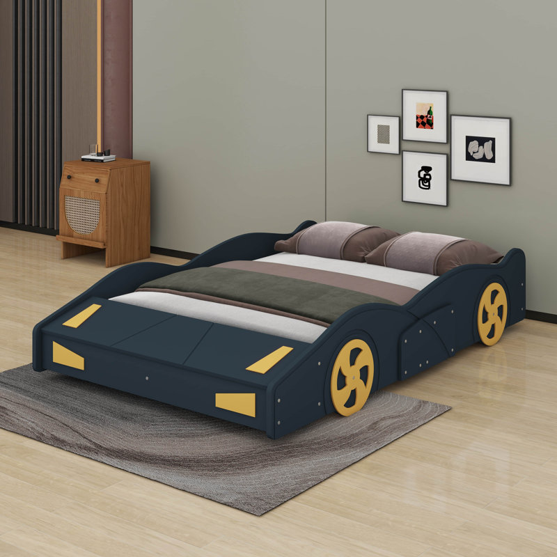 Car-Shaped Platform Bed With Wheels And Storage, Dark Blue/Yellow, Full