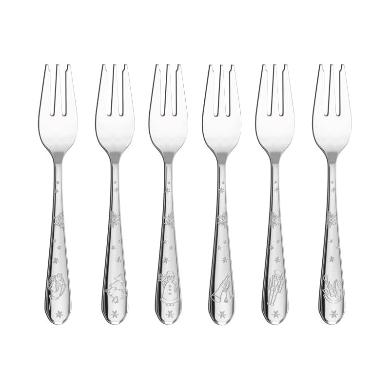 Villeroy & Boch Toy's Delight Collection Cake Forks, Set of 6, 18/10 Stainless Steel Flatware with Christmas Design Engraving, 6.25 in