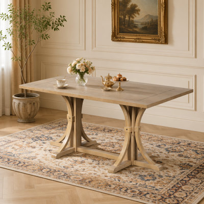 Solid Wood Dining Table for 6 People, 60" Rustic Farmhouse Dining Room Table with Trestle Base & Curved Legs, Natural Oak Finish, Kitchen Table for Ho