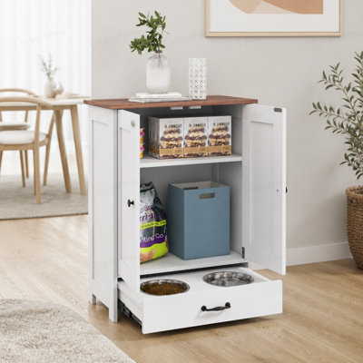 Station d'alimentation pour chien, armoire de rangement pour nourriture pour chien avec bols cachés pour chien, panneau réglable, crochets pour chiens de taille moyenne