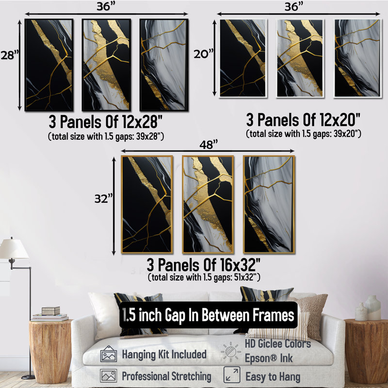 Ghislain - 3 Piece Print, 28" H x 36" W x 1" D, Gold