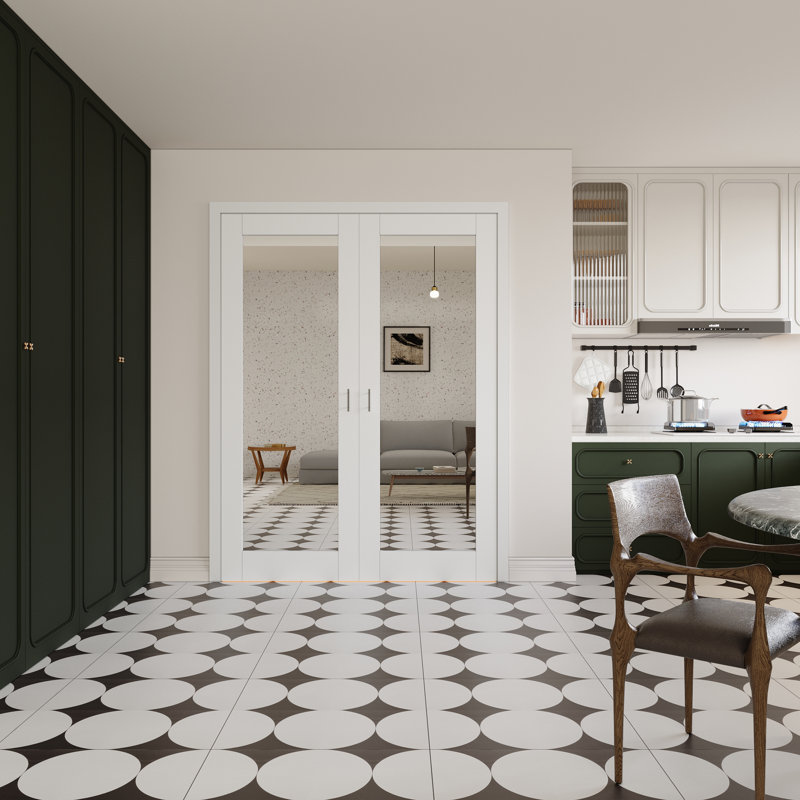 Porte intérieure à un battant avec miroir, âme pleine, porte française en MDF certifiée CARB P2, quincaillerie en nickel satiné incluse (loquets à bille, charnières et poignées), préfinie et imperméable, pour garde-manger, chambre, salle de bain et placard, teinture facile à appliquer soi-même, sans cadre, 152 x 203 cm
