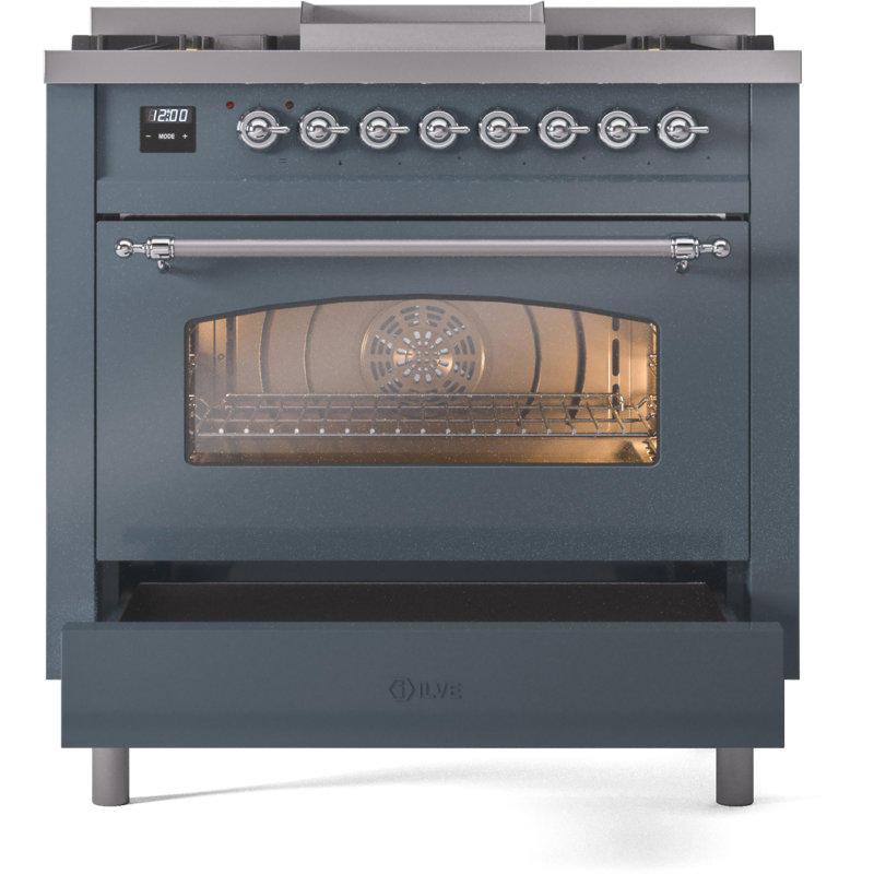 ILVE Nostalgie II 36 Dual Fuel Range, knobs, Blue Gray/Chrome, Liquid Propane