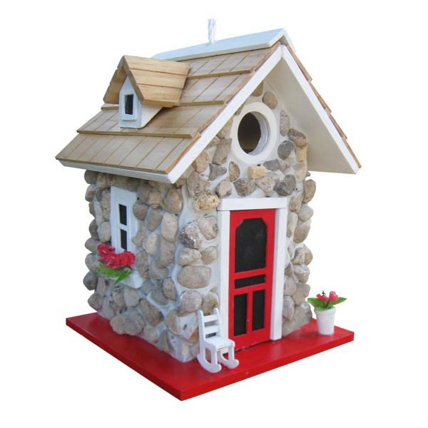 Handcrafted Stone Cottage Birdhouse with Red Accents