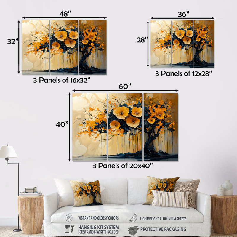 Or et bleu cerisier Silhouette III - ensemble d'art mural cerisier en fleurs, Métal métal, H 40 po x l 60 po x P 1 po