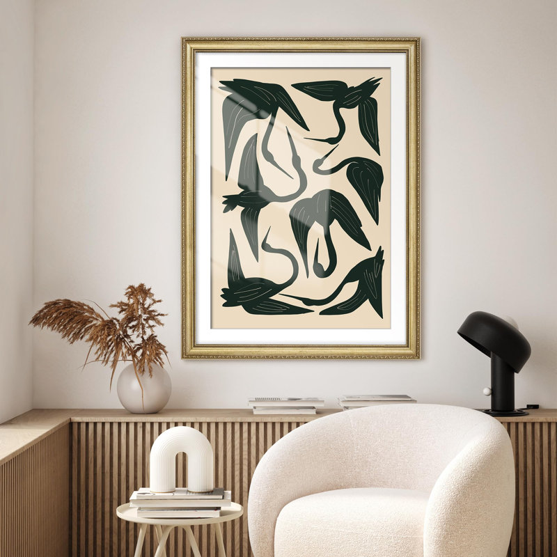 "Oiseaux abstraits minimalistes en vert foncé, illustrations impressionnistes, décoration murale encadrée dorée", Blanc