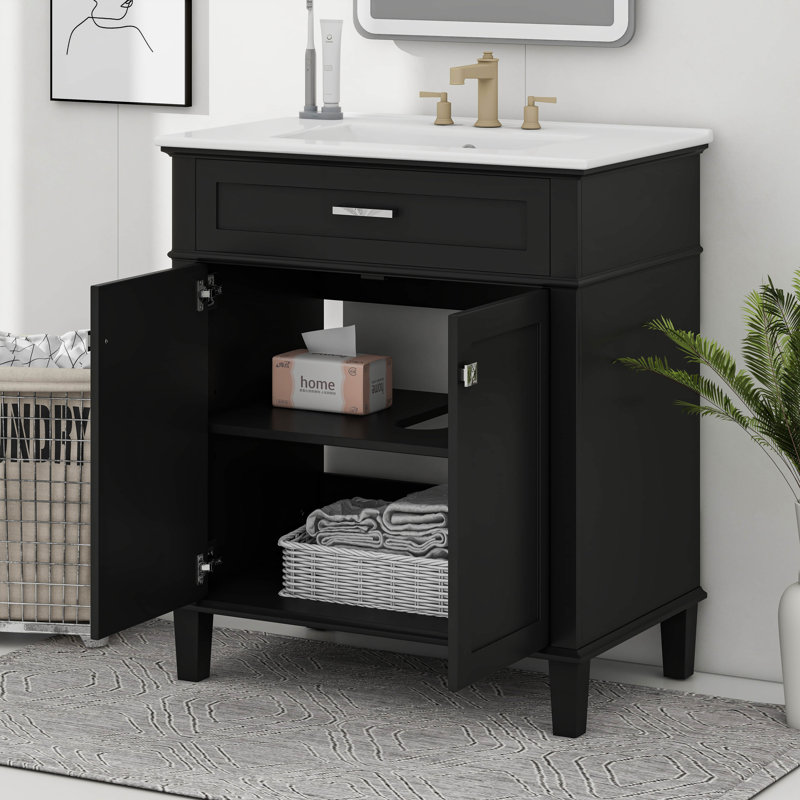 Meuble-lavabo 30 po avec lavabo en céramique, meuble-lavabo autoportant et tablettes de rangement réglables, Noir