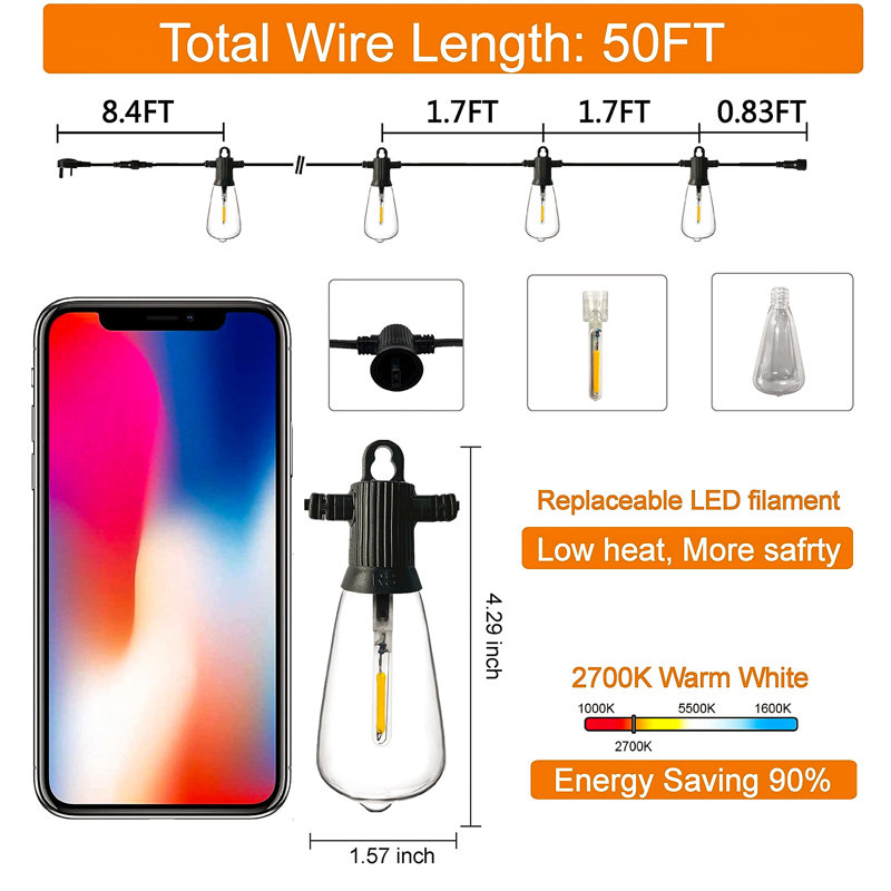 Andrew-James 15M 27 - Bulb Standard String Light (End to End Connectable)