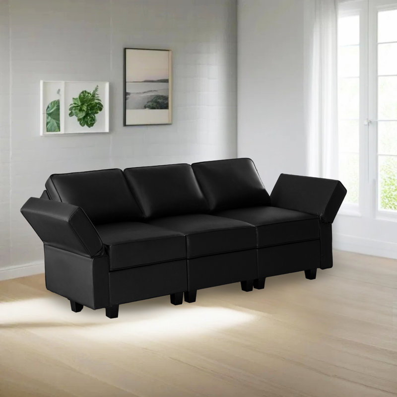 Shealene Modular Sofa Couch with Storage – 3 Seater Convertible Sectional for Modern Living Room, Black Air Leather