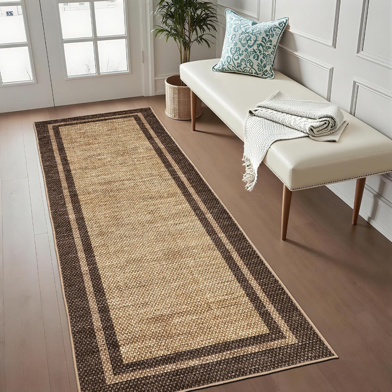 2x6 Washable Neutral Runner Rug – Minimalist Bordered Print, Non-Slip TPR Backing, Soft Thin Mat for Entryway, Kitchen (Black)