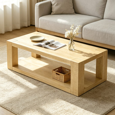 48" Rectangular 2-Tier Coffee Table, Modern Manufactured Wood (MDF) Coffee Table with Storage Shelf, Natural Finish for Living Room & Office