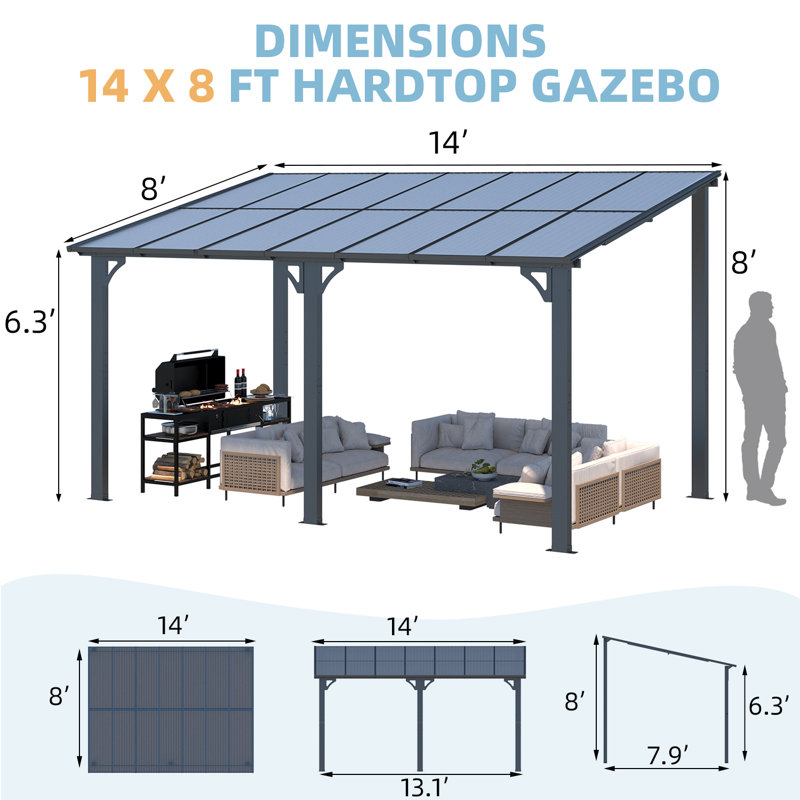 Aluminum Pergola with Canopy, Black, 14 ft x 8 ft