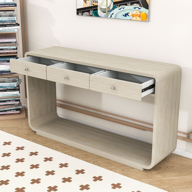 Console polyvalente avec tablette inférieure, tiroirs et pieds courbés, Natural