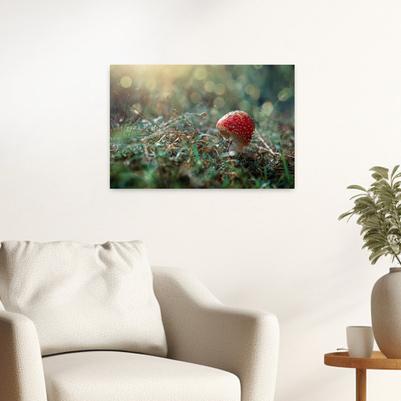 Illustration murale « Champignon rouge onirique, mystique, paisible et serein, envol dans la forêt d'automne », 16" H x 24" W