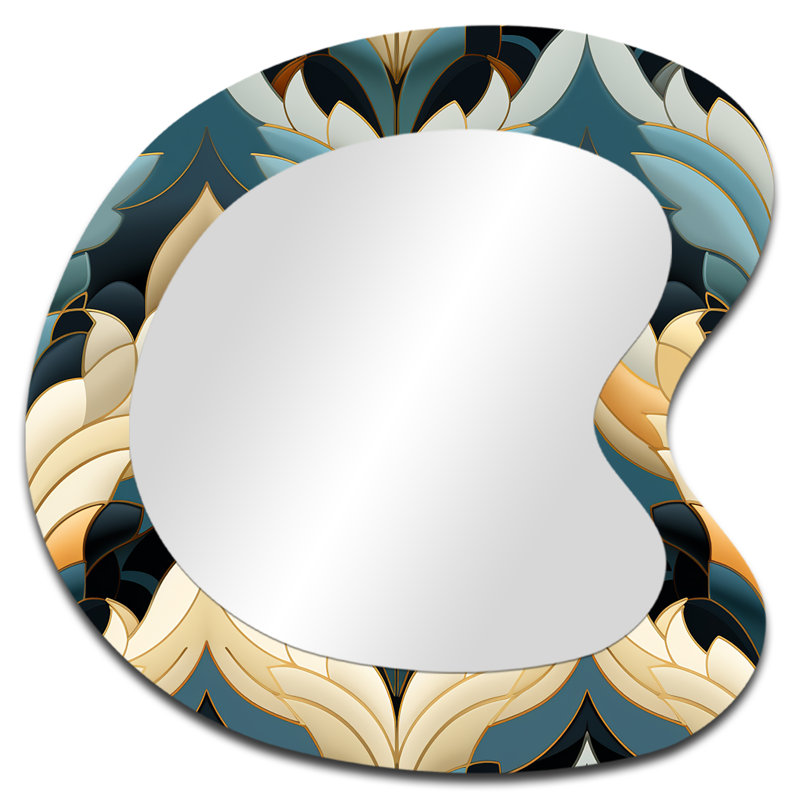 Motif à chevrons beige et bleu de style victorien élégant - forme géométrique, miroir mural asymétrique moderne, art imprimé en métal