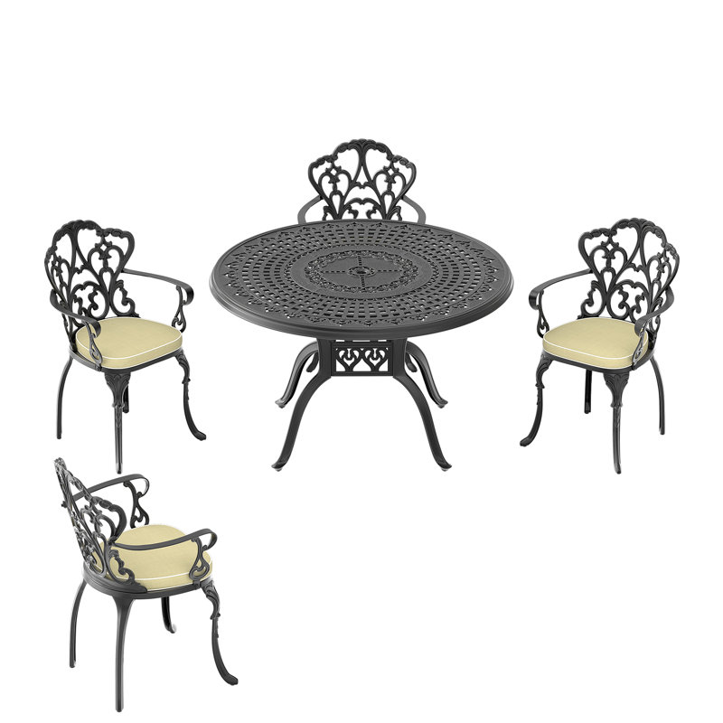 Ensemble de 5 meubles de patio en aluminium coulé avec cadre noir et coussins de siège blanc cassé