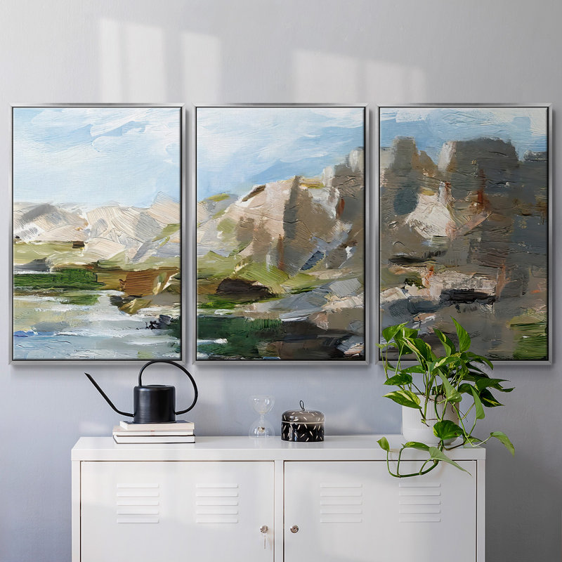 Western Cliff II - 3 pièces, reproduction encadrée sur toile, H 40 po x l 78 po x P 2 po, Argent